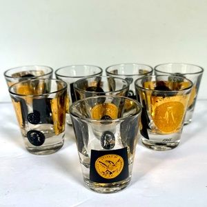 8 VTG Shot Glasses MCM Cera Glass Coins Gold Black Barware Mid-century Modern